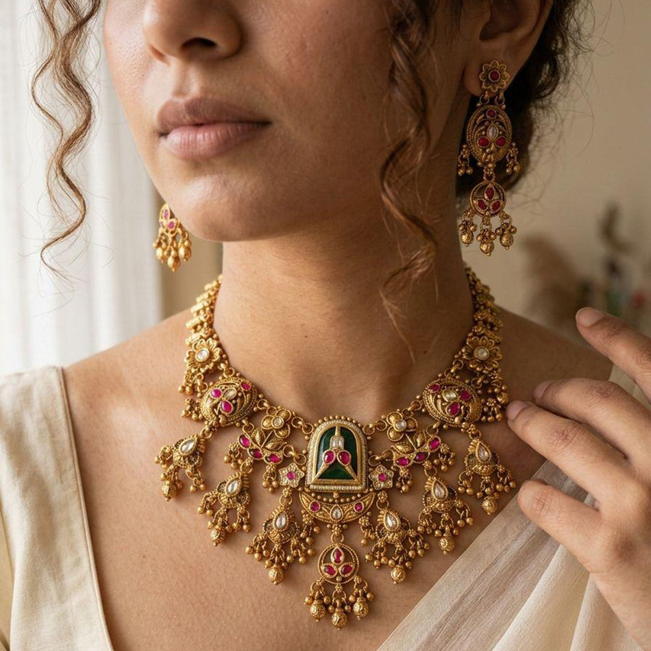 Pota Stone Necklace in Gold Tone | Bridal Jewellery India