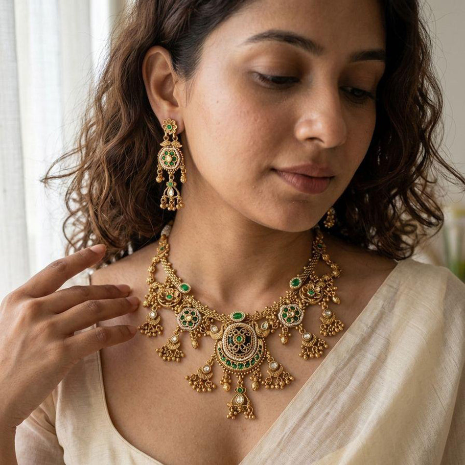 Rose Gold Plated Pendant with Pota Stones for Occasion Wear | Bridal Jewellery India