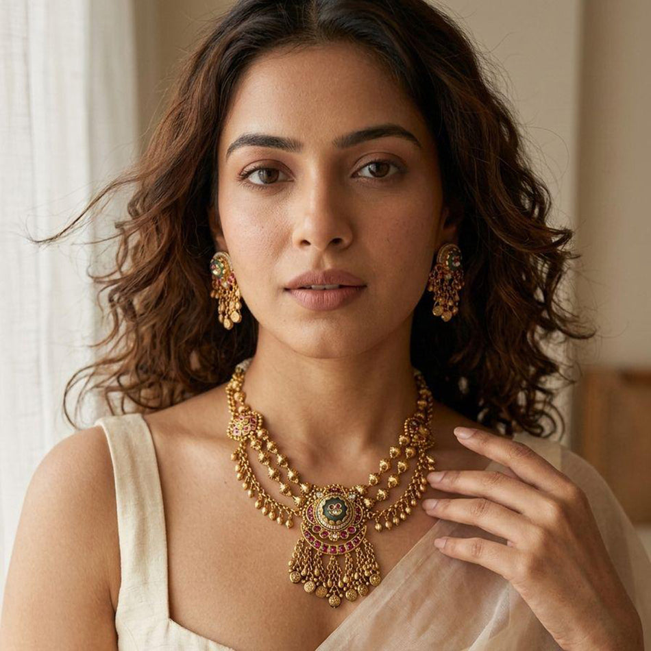 Rose Gold Plated Pota Stone Necklace Set | Bridal Jewellery India