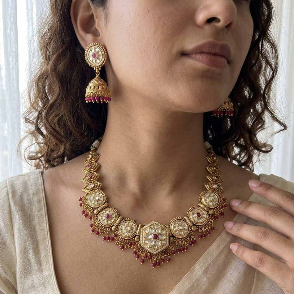 Rose Gold Plated Pota Stone Beads Necklace Set | Bridal Jewellery India