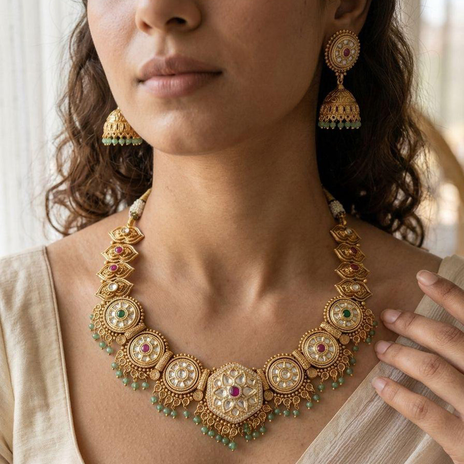 Rose Gold Plated Pota Stone Beads Necklace Set | Bridal Jewellery India