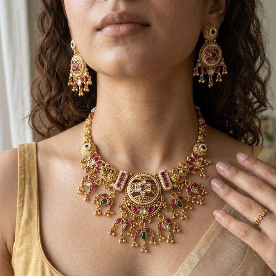 Rose Gold Plated Pota Stone Beads Necklace Set | Bridal Jewellery India