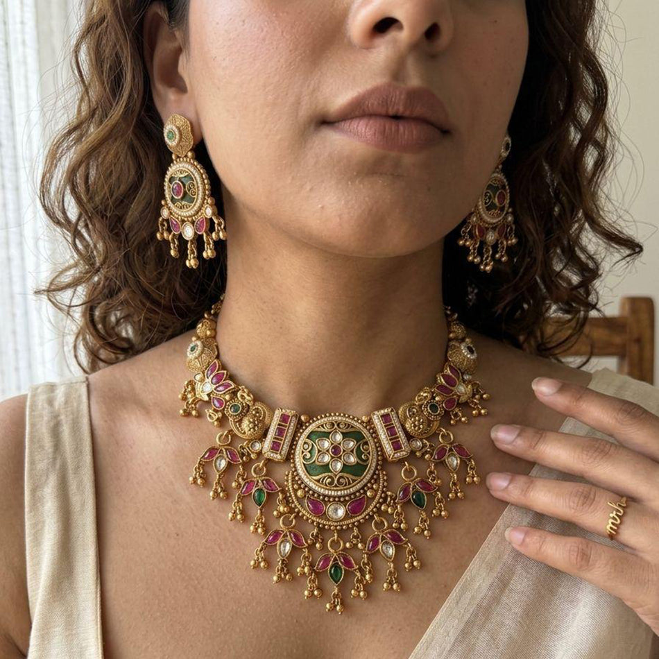 Rose Gold Plated Pota Stone Beads Necklace Set | Bridal Jewellery India
