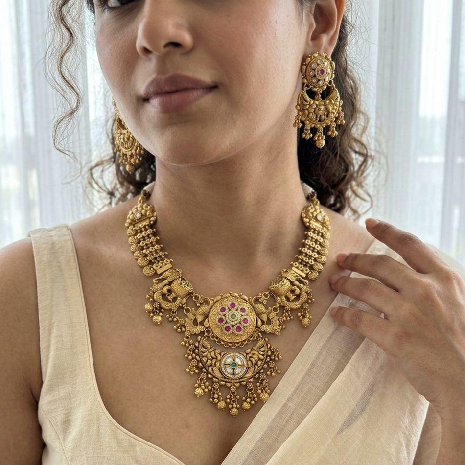 Rose Gold Plated Pota Stone Beads Necklace Set | Bridal Jewellery India