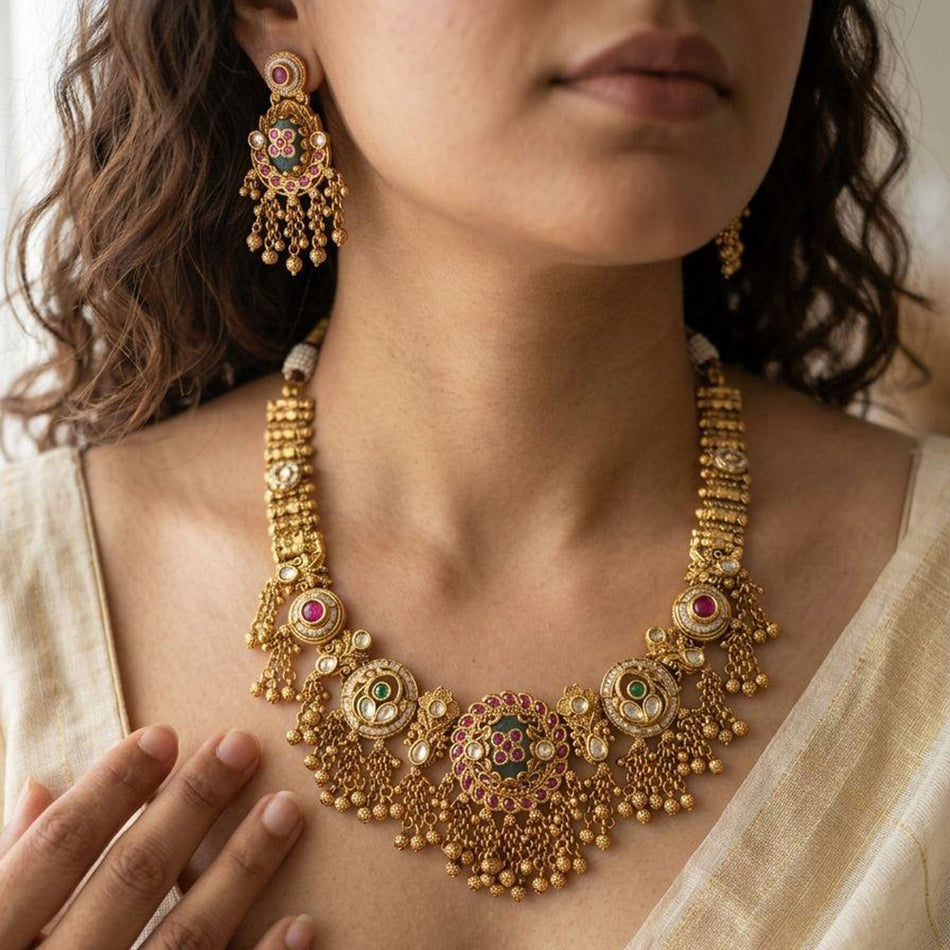Rose Gold Plated Pota Stone and Pearl Necklace Set | Bridal Jewellery India