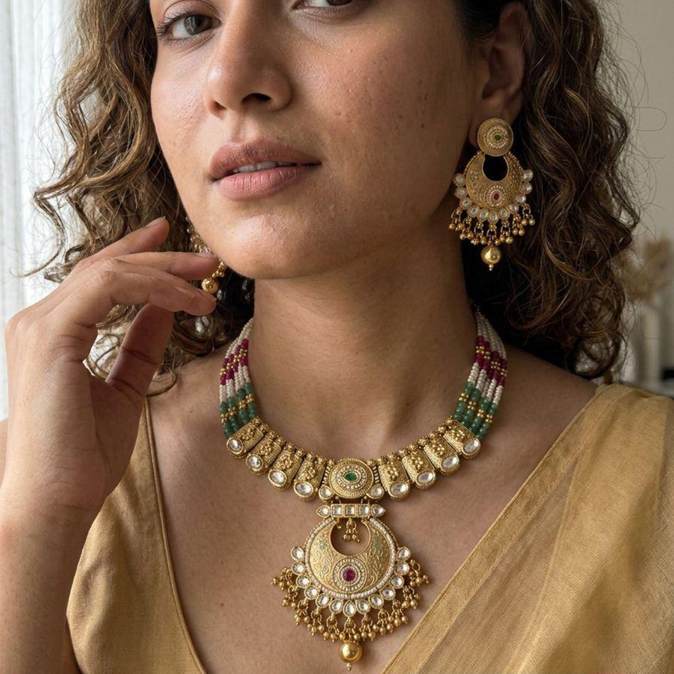 Pota Stone Beads with Pearl in Sterling Silver Necklace | Bridal Jewellery India