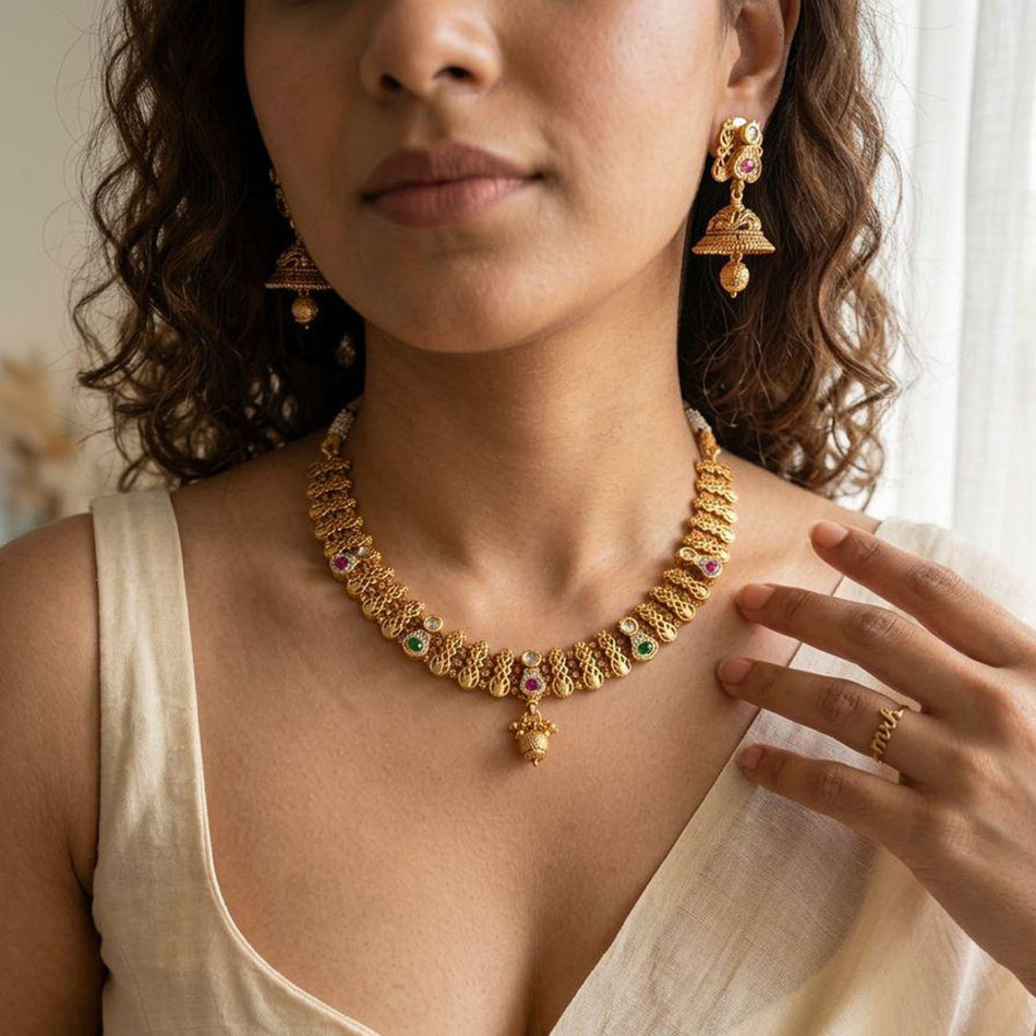 Rose Gold Plated Pota Stone Bead Necklace Set | Bridal Jewellery India