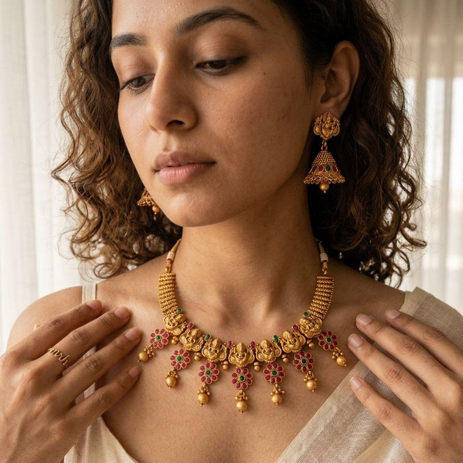 Pota Stone Beads with Pearl Necklace in Sterling Silver | Bridal Jewellery India
