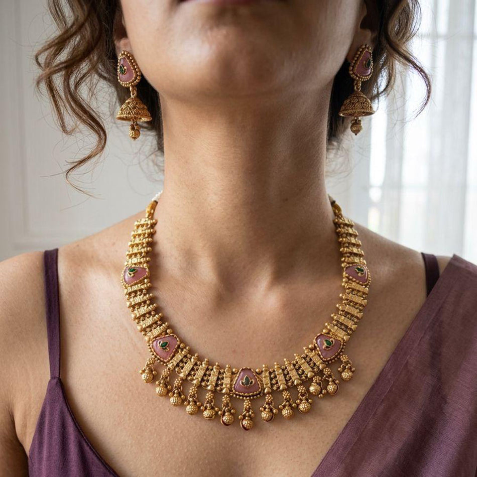 Rose Gold Plated Pearl Choker Necklace | Bridal Jewellery India