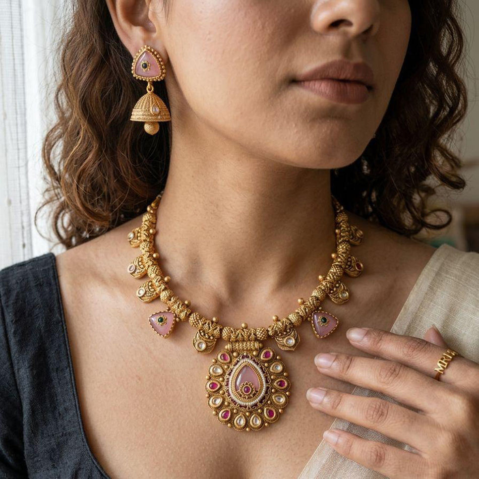 Rose Gold Plated Pota Stone Beads Necklace Set | Bridal Jewellery India