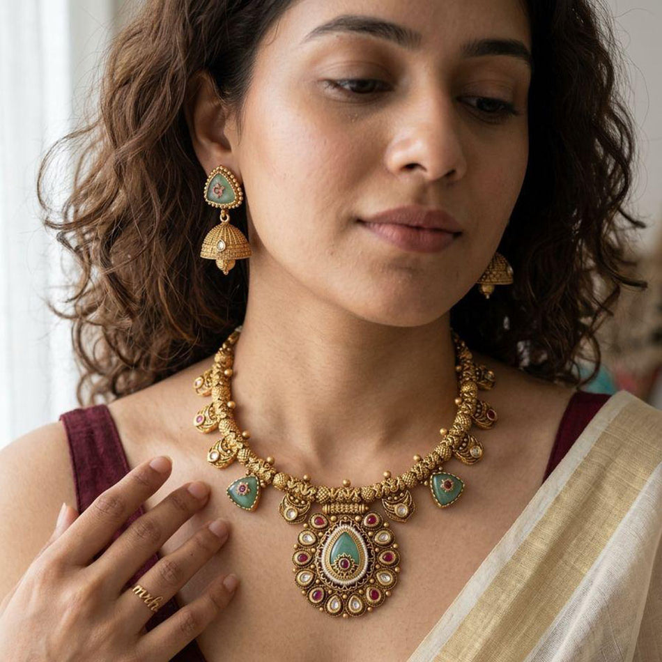 Rose Gold Plated Pota Stone Beads Necklace Set | Bridal Jewellery India
