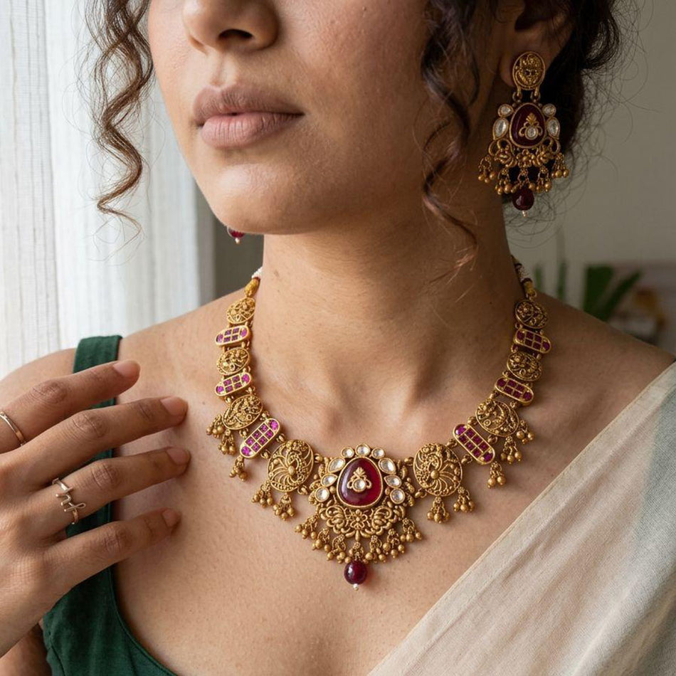 Pota Stone Beads with Pearl Necklace in Sterling Silver | Bridal Jewellery India