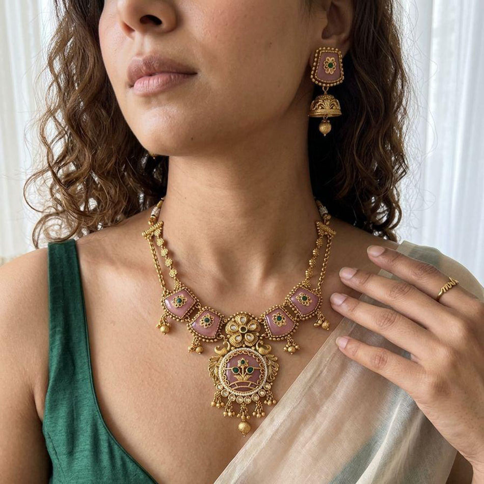 Rose Gold Plated Pota Stone Pearl Necklace Set | Bridal Jewellery India