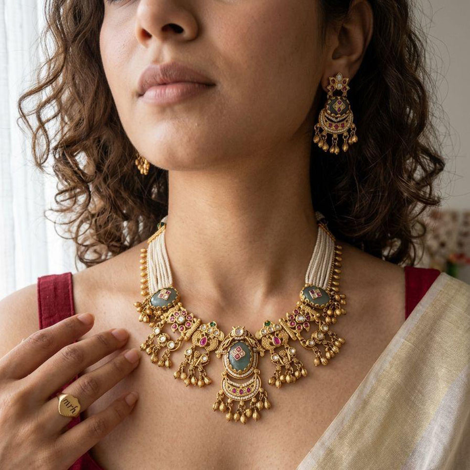 Pota Stone Beads   Pearl Necklace in Gold Tone | Bridal Jewellery India