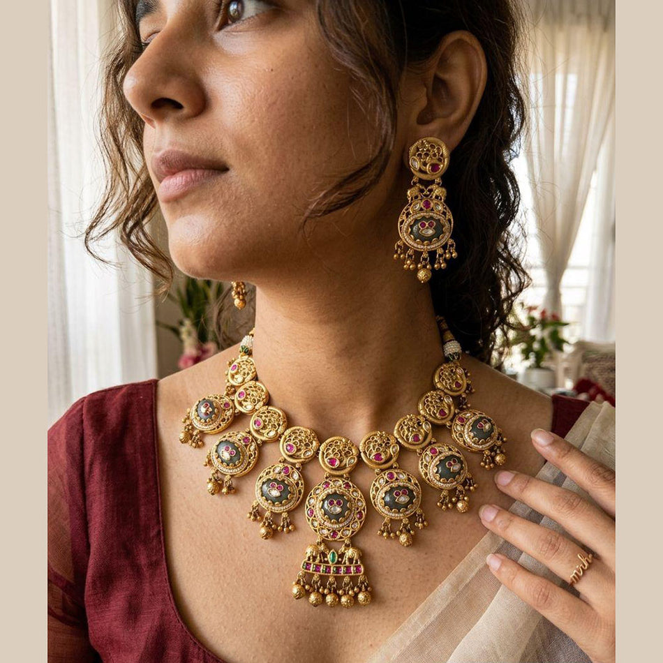 Premium Pota Stone Necklace in Gold Plated | Bridal Jewellery India