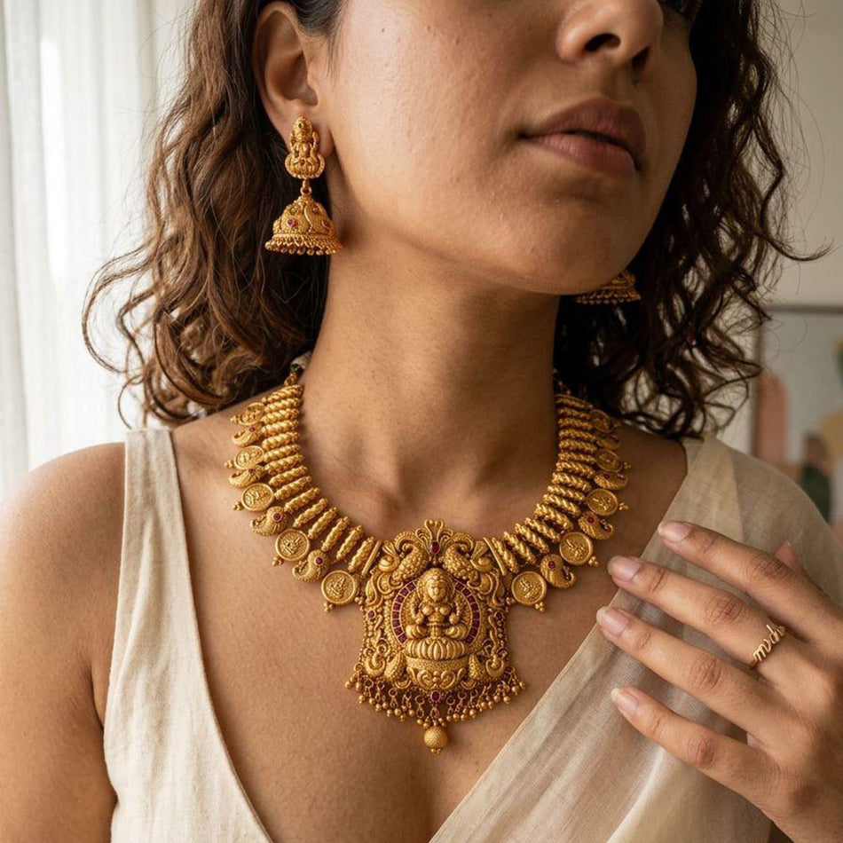 Pota Stone Beads   Pearl Necklace in Rose Gold Plated | Bridal Jewellery India