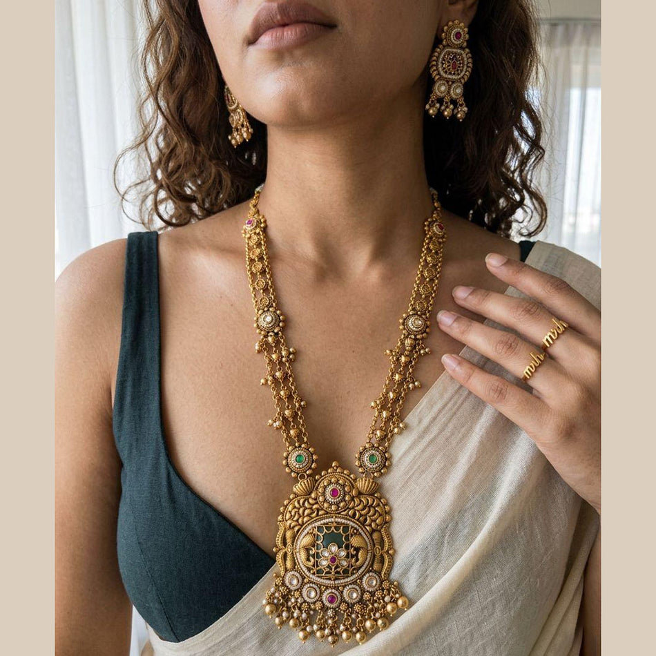 Pota Stone   Pearl Long Necklace in Sterling Silver | Bridal Jewellery India