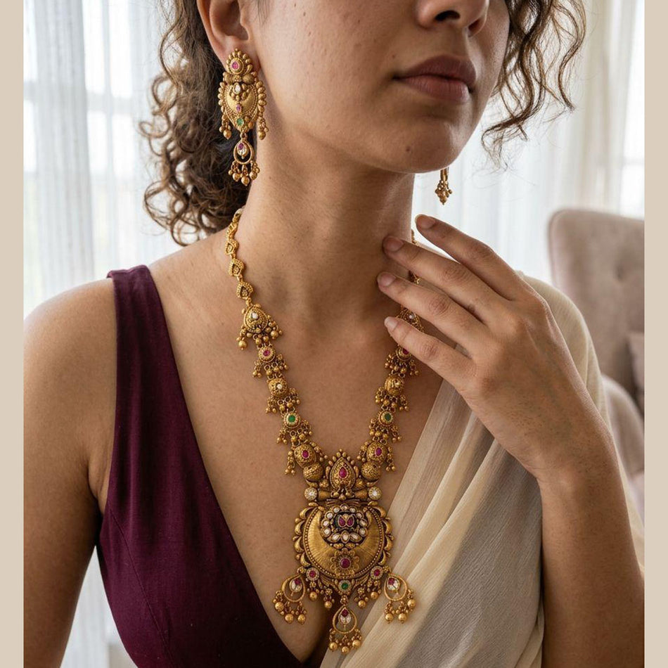 Pota Stone and Pearl Necklace in Gold Plated Alloy | Bridal Jewellery India