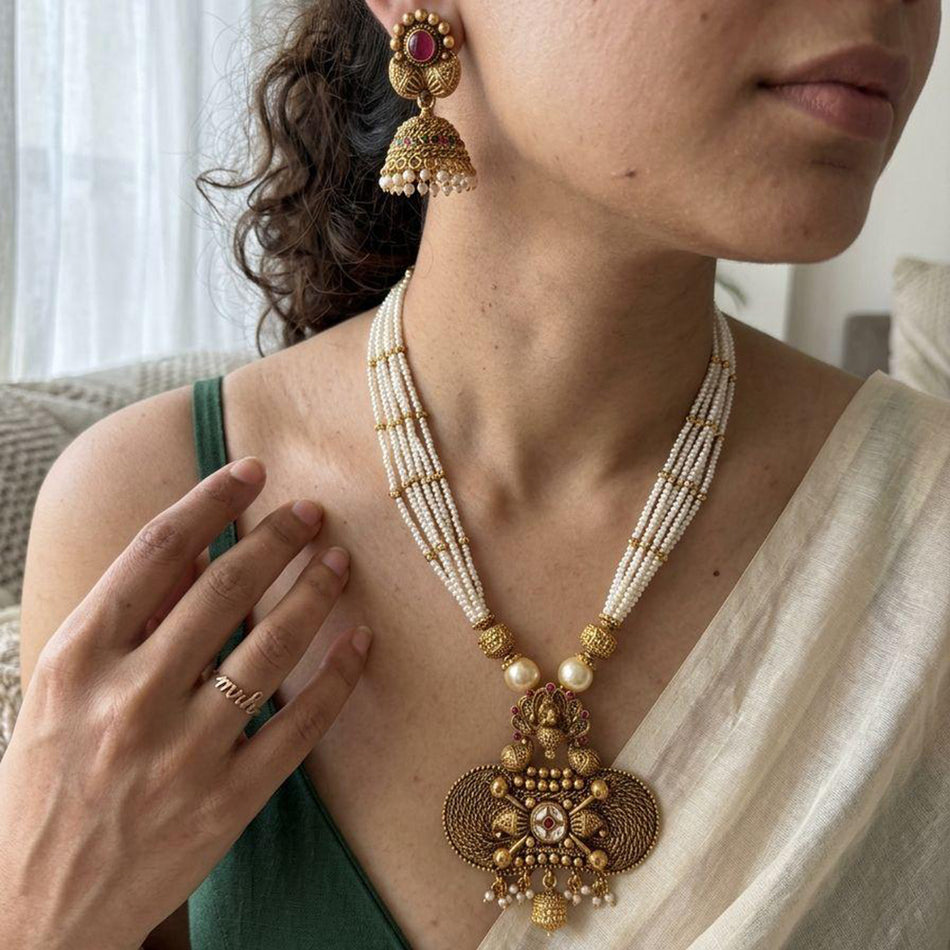 Pota Stone and Pearl Necklace in Gold Tone | Bridal Jewellery India
