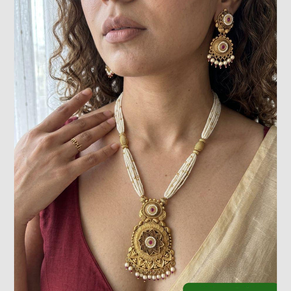 Pota Stone and Pearl Necklace in 14K Gold Plated | Bridal Jewellery India