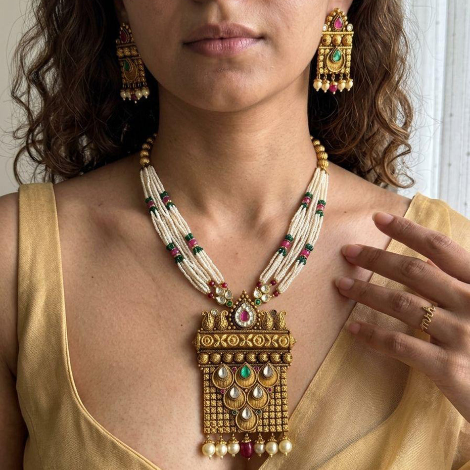 Pota Stone and Pearl Necklace in 18K Gold Plated | Bridal Jewellery India