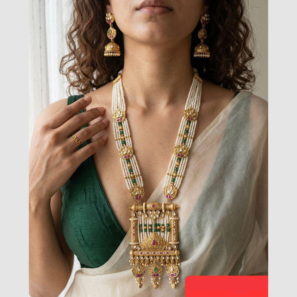 Rose Gold Plated Pota Stone Long Necklace Set | Bridal Jewellery India