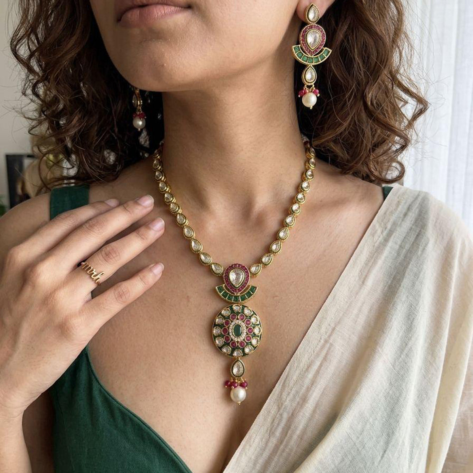 Pota Stone Pearl Necklace in Sterling Silver | Bridal Jewellery India