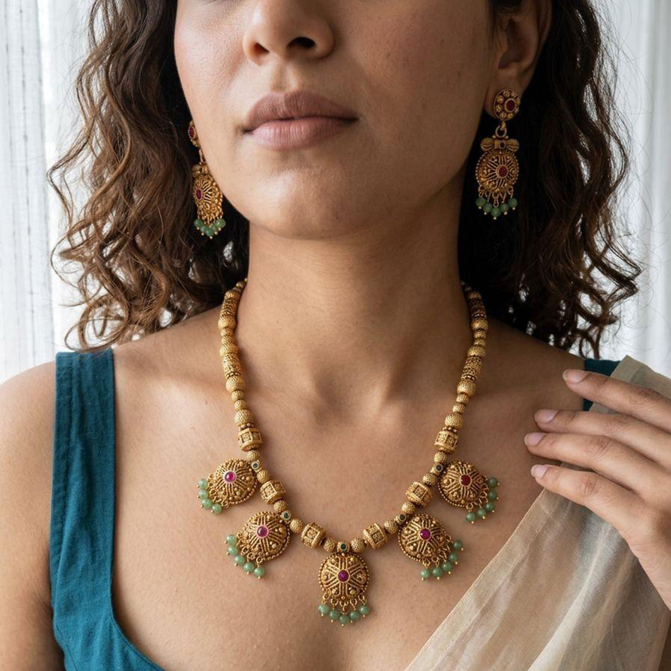 Rose Gold Plated Pota Stone Necklace Set | Bridal Jewellery India