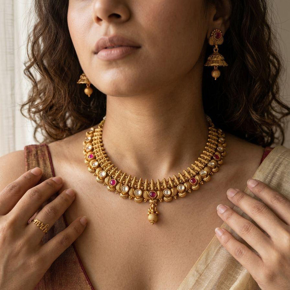 Pota Stone Beads in Oxidised Silver Necklace Set for | Bridal Jewellery India