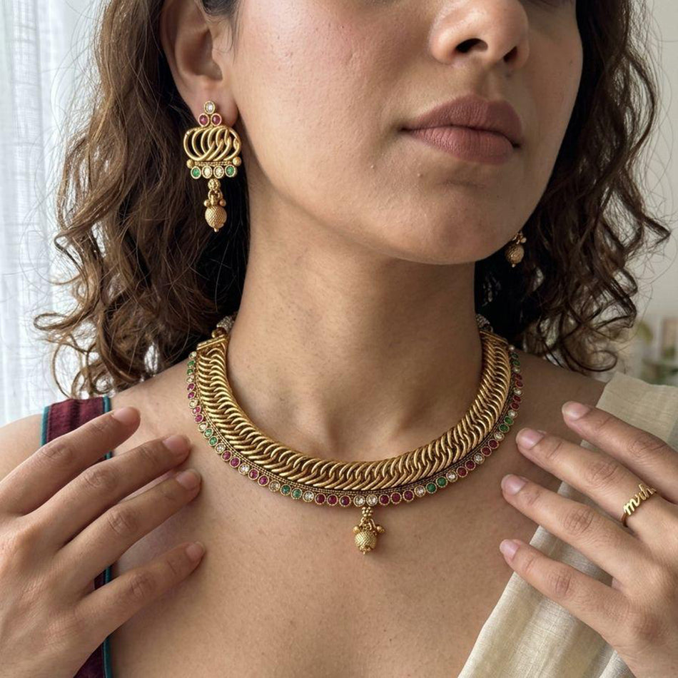 Rose Gold Plated Layered Pearl Necklace Set | Bridal Jewellery India