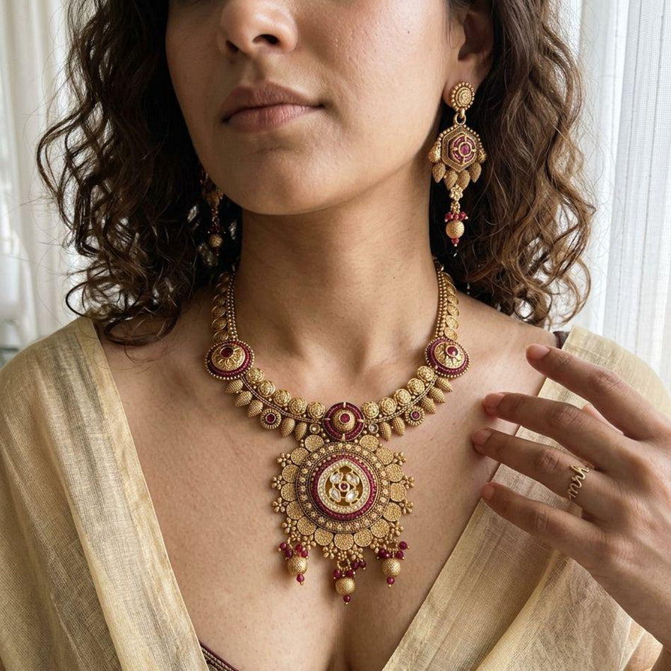 Rose Gold Plated Pota Stone Choker Necklace | Bridal Jewellery India
