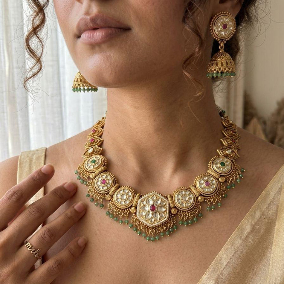 Rose Gold Plated Pota Stone Beads Necklace Set | Bridal Jewellery India