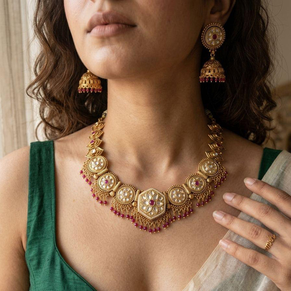 Rose Gold Plated Pota Stone Beads Necklace Set | Bridal Jewellery India