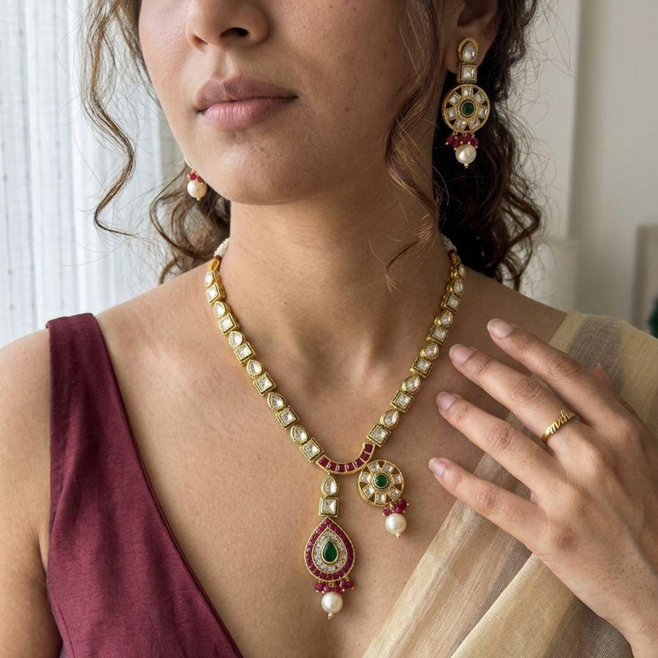 Pota Stone Beads in Sterling Silver Necklace Set for | Bridal Jewellery India