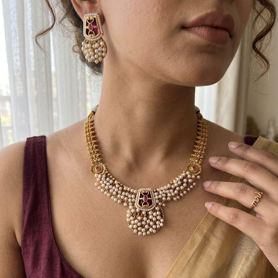 Pota Stone   Pearl Necklace in 18K Gold Plated | Bridal Jewellery India