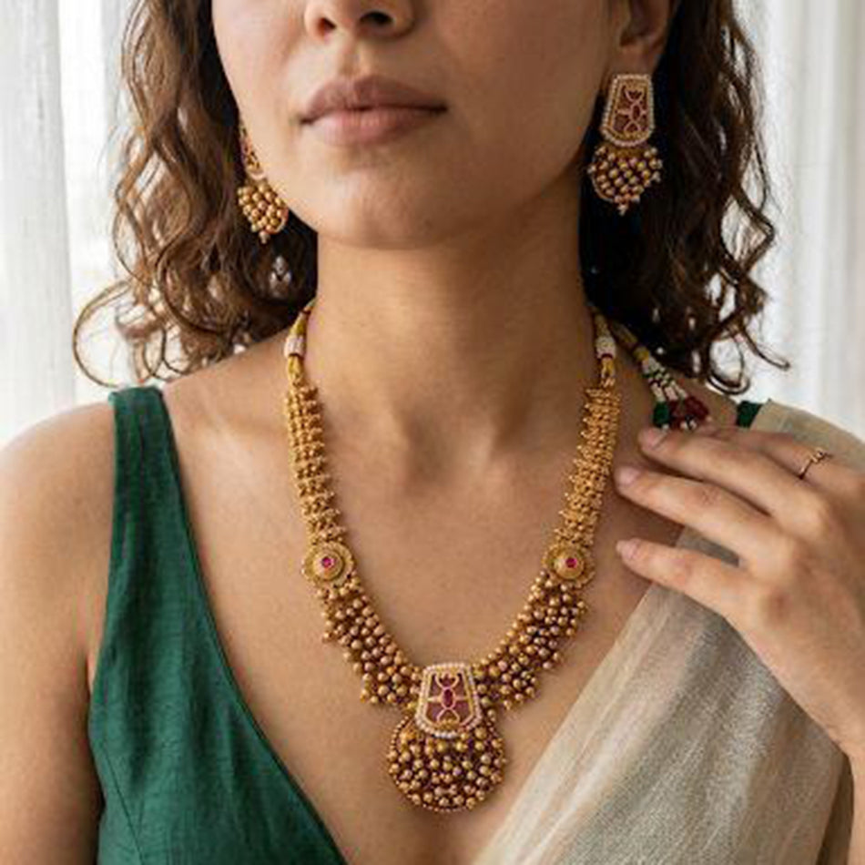 Pota Stone   Pearl Necklace in 14K Gold Plated | Bridal Jewellery India