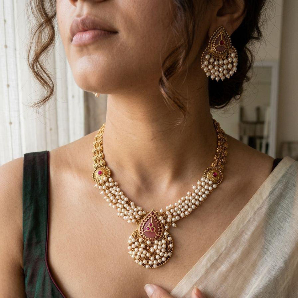 Pota Stone and Pearl Necklace in 14K Gold Plated | Bridal Jewellery India
