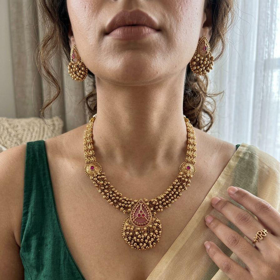 Pota Stone   Pearl Necklace in Rose Gold Plated | Bridal Jewellery India