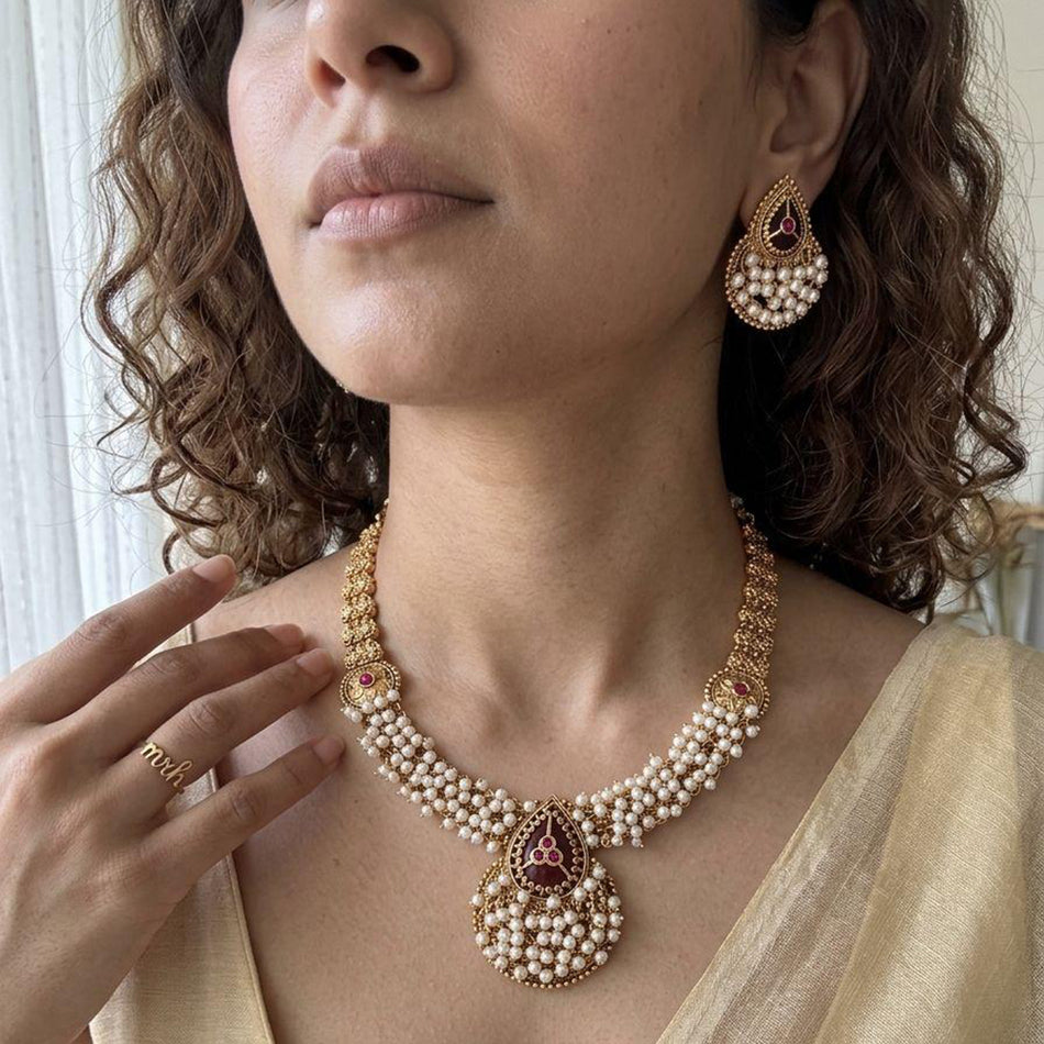 Pota Stone and Pearl Necklace in Gold Tone | Bridal Jewellery India