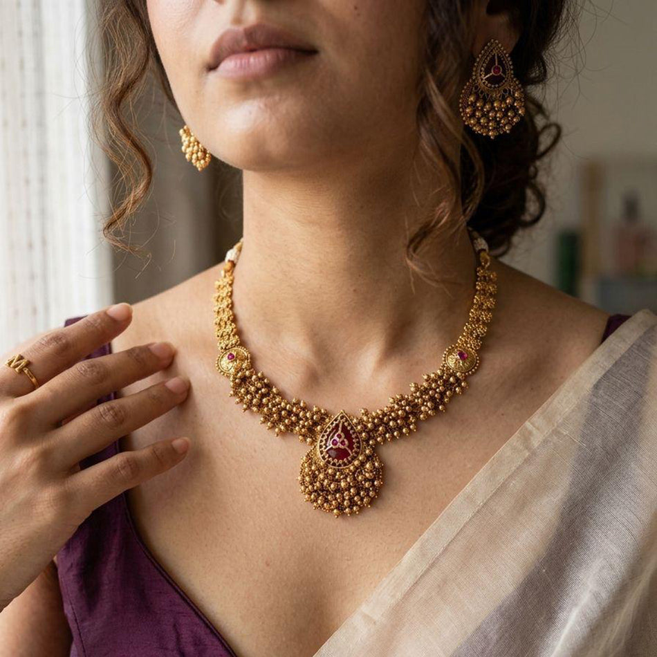 Pota Stone and Pearl Necklace in 18K Gold Plated | Bridal Jewellery India