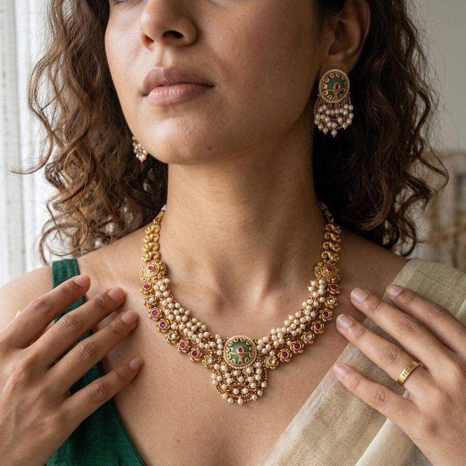 Pota Stone and Pearl Necklace in 14K Gold Plated | Bridal Jewellery India