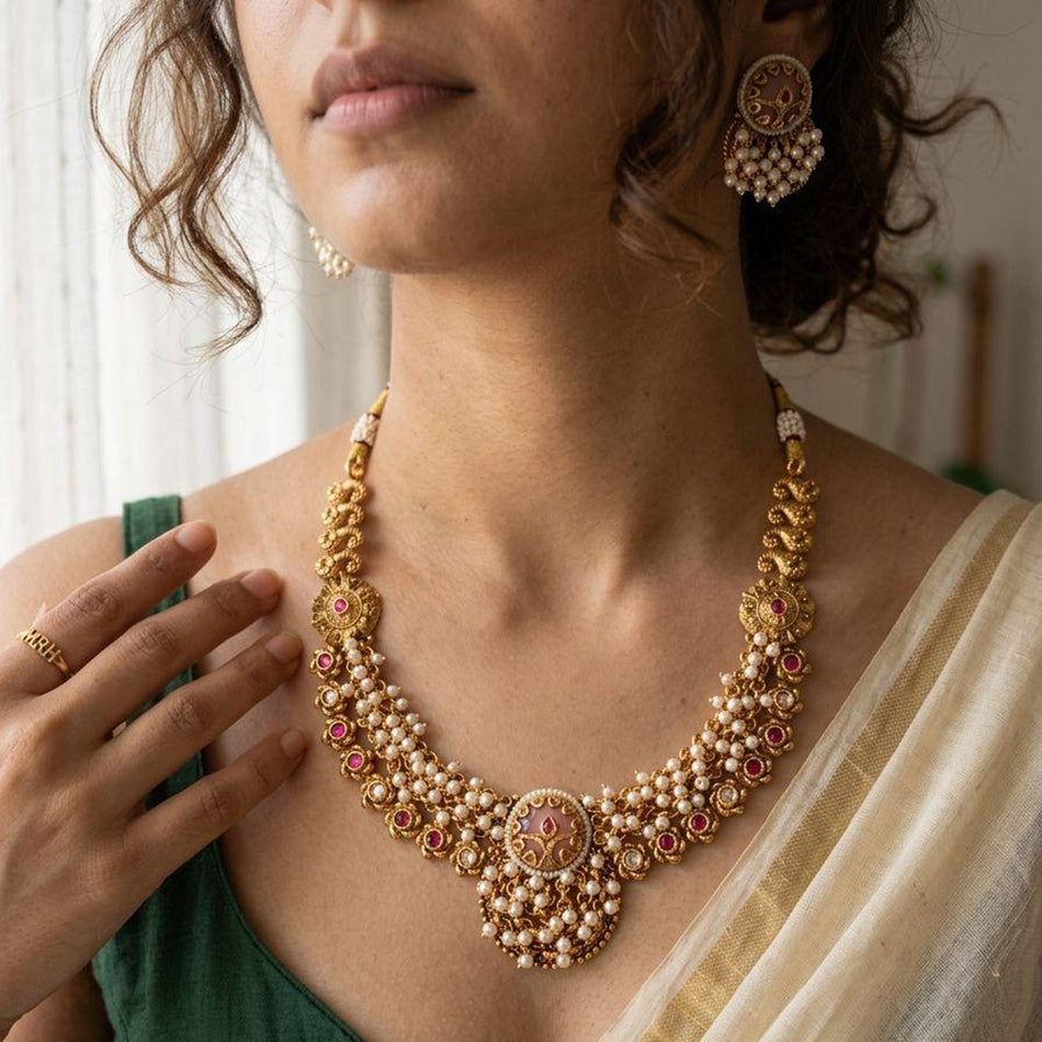 Pota Stone and Pearl Necklace in Sterling Silver | Bridal Jewellery India