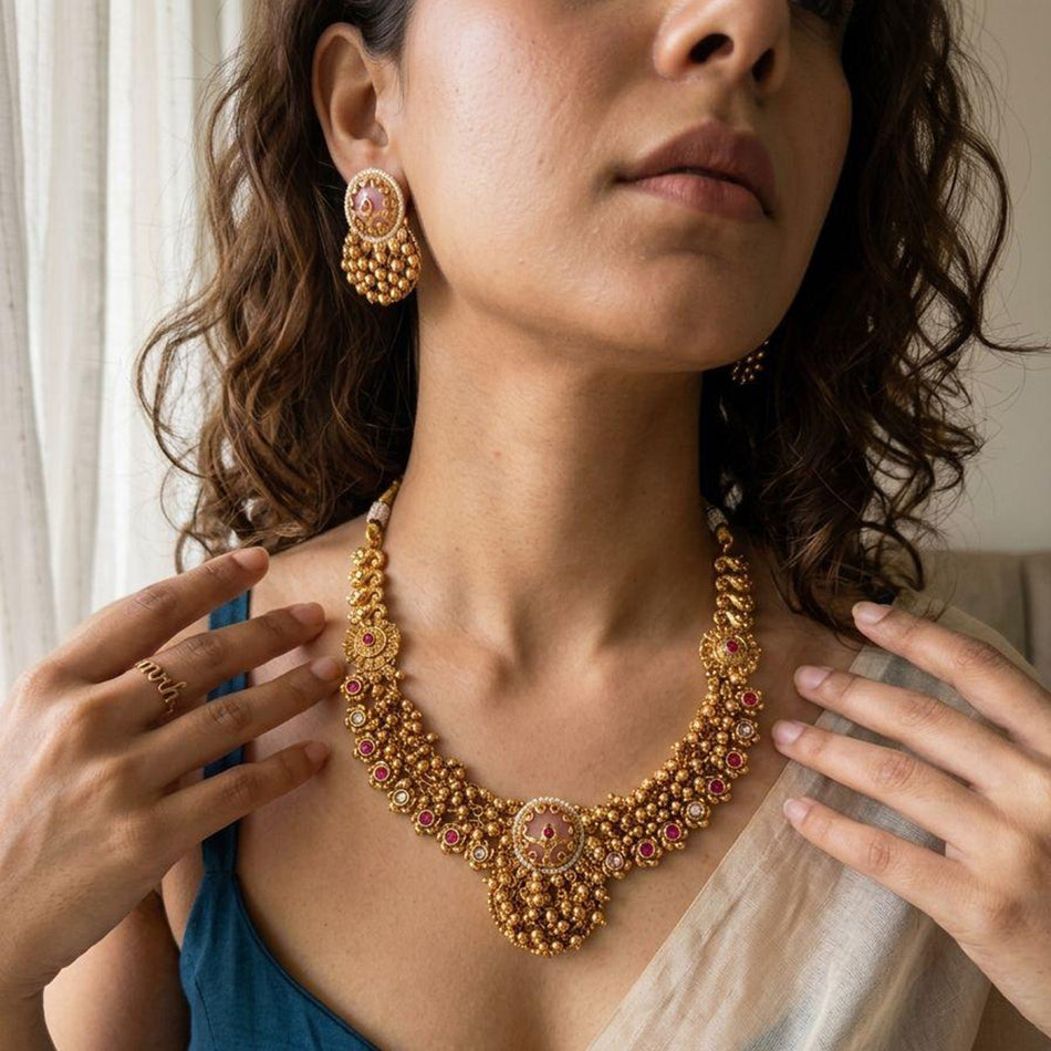 Pota Stone Pearl Necklace in Gold Tone | Bridal Jewellery India