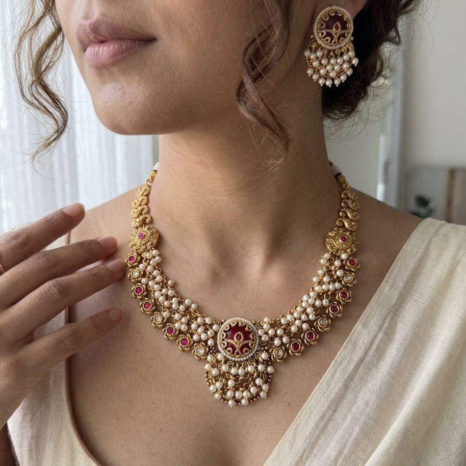 Pota Stone and Pearl Necklace in 18K Gold Plated | Bridal Jewellery India