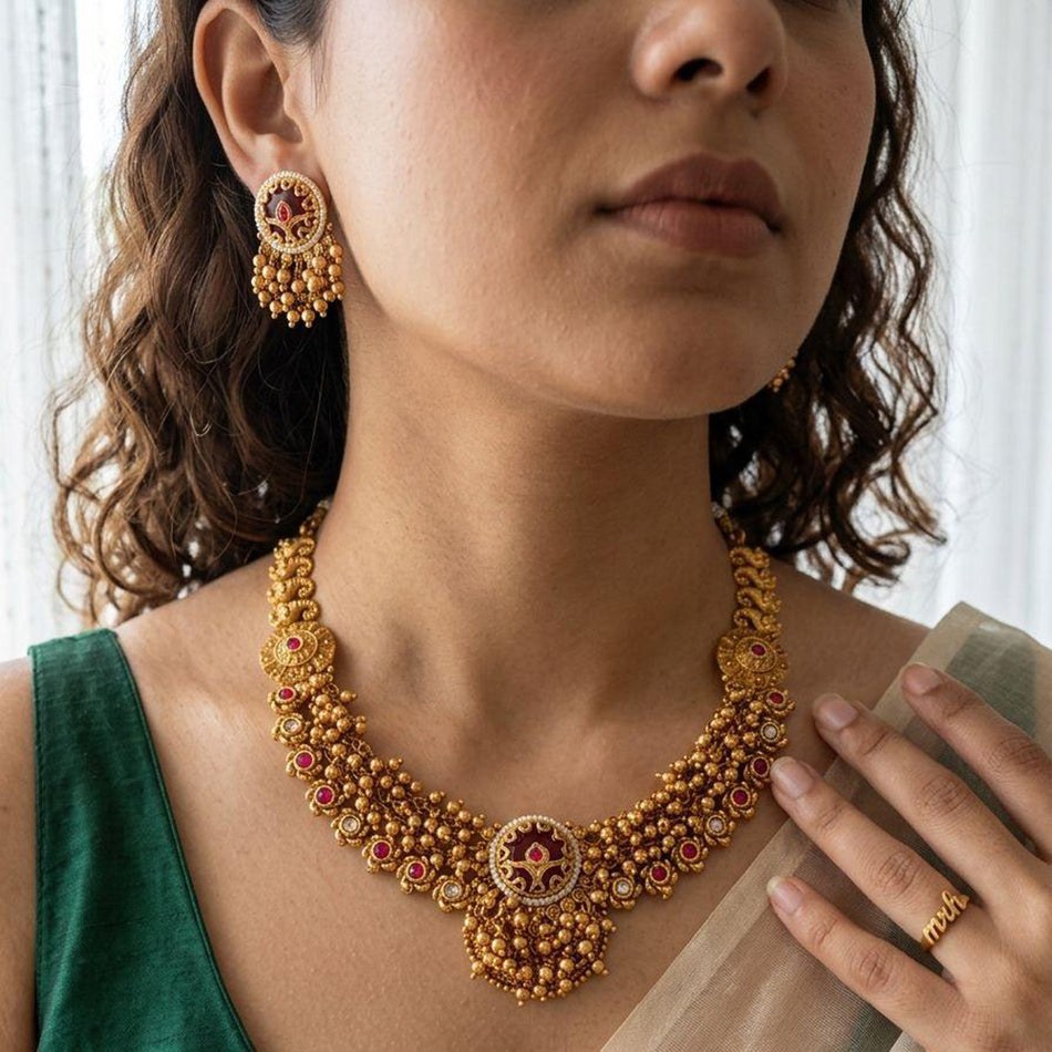 Pota Stone and Pearl Necklace in 14K Gold Plated | Bridal Jewellery India