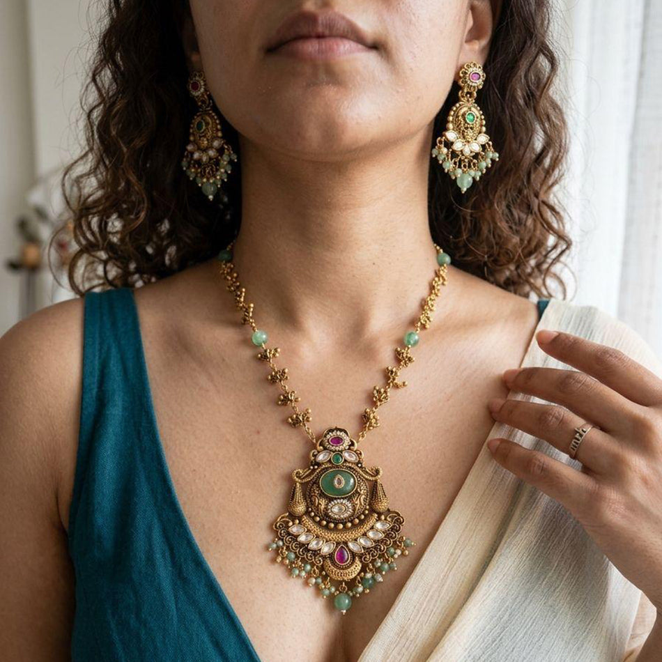 Rose Gold Plated Beaded Necklace for Bride | Bridal Jewellery India
