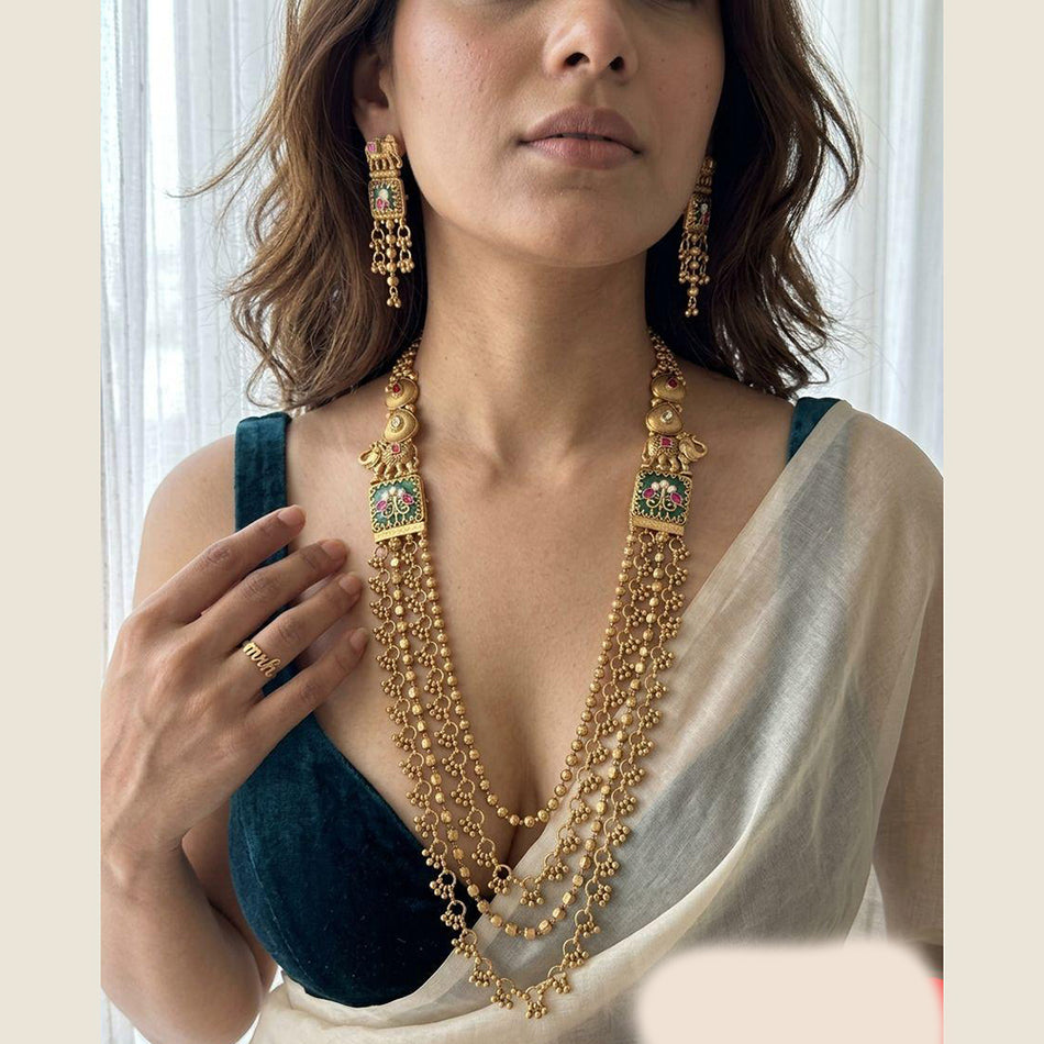 Pota Stone Long Necklace in Premium Rose Gold Plated | Bridal Jewellery India