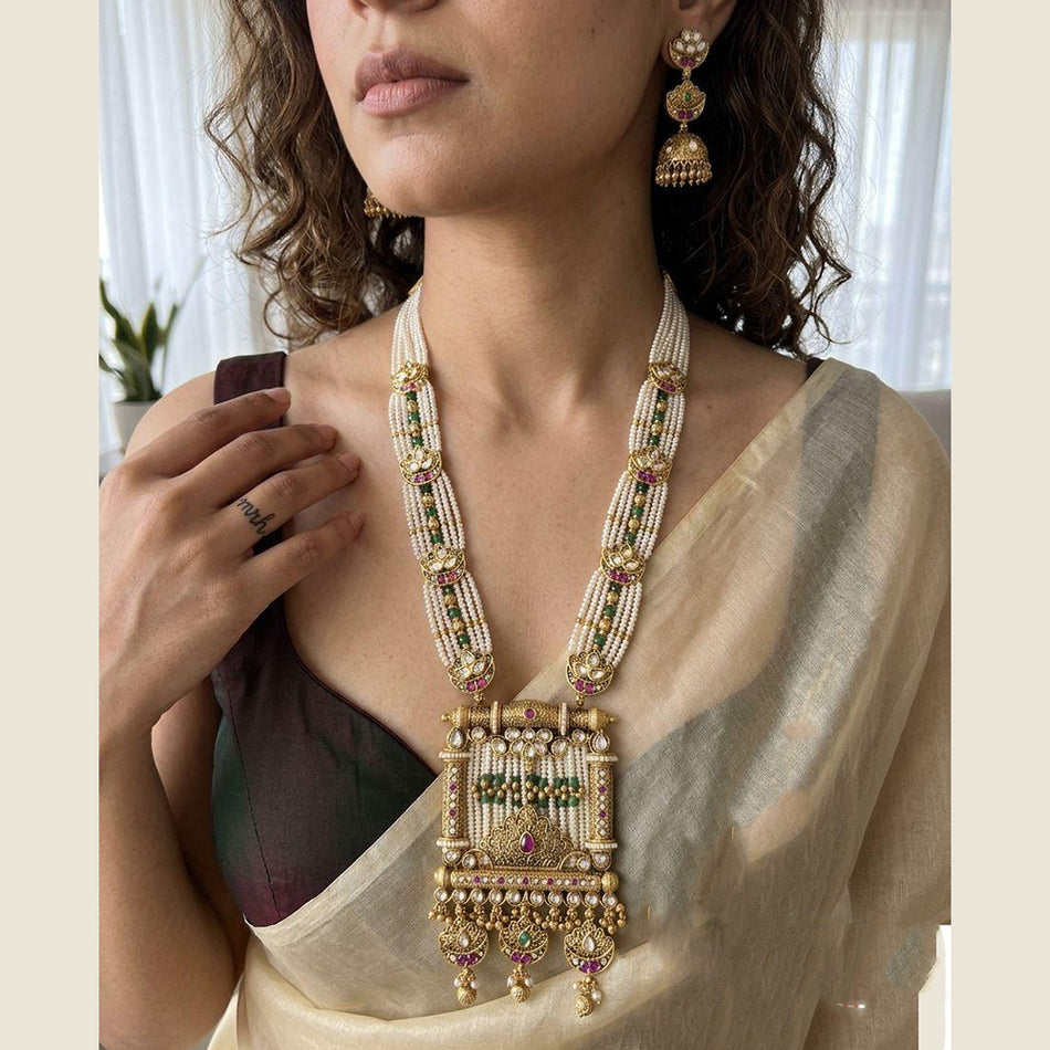 Pota Stone Long Necklace in Oxidised Silver | Bridal Jewellery India