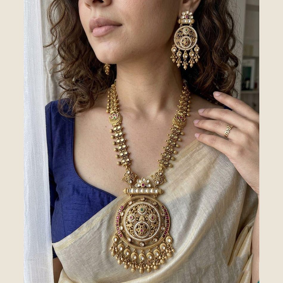Pota Stone   Pearl Necklace in Gold Plated Alloy for Occasion Wear | Bridal Jewellery India
