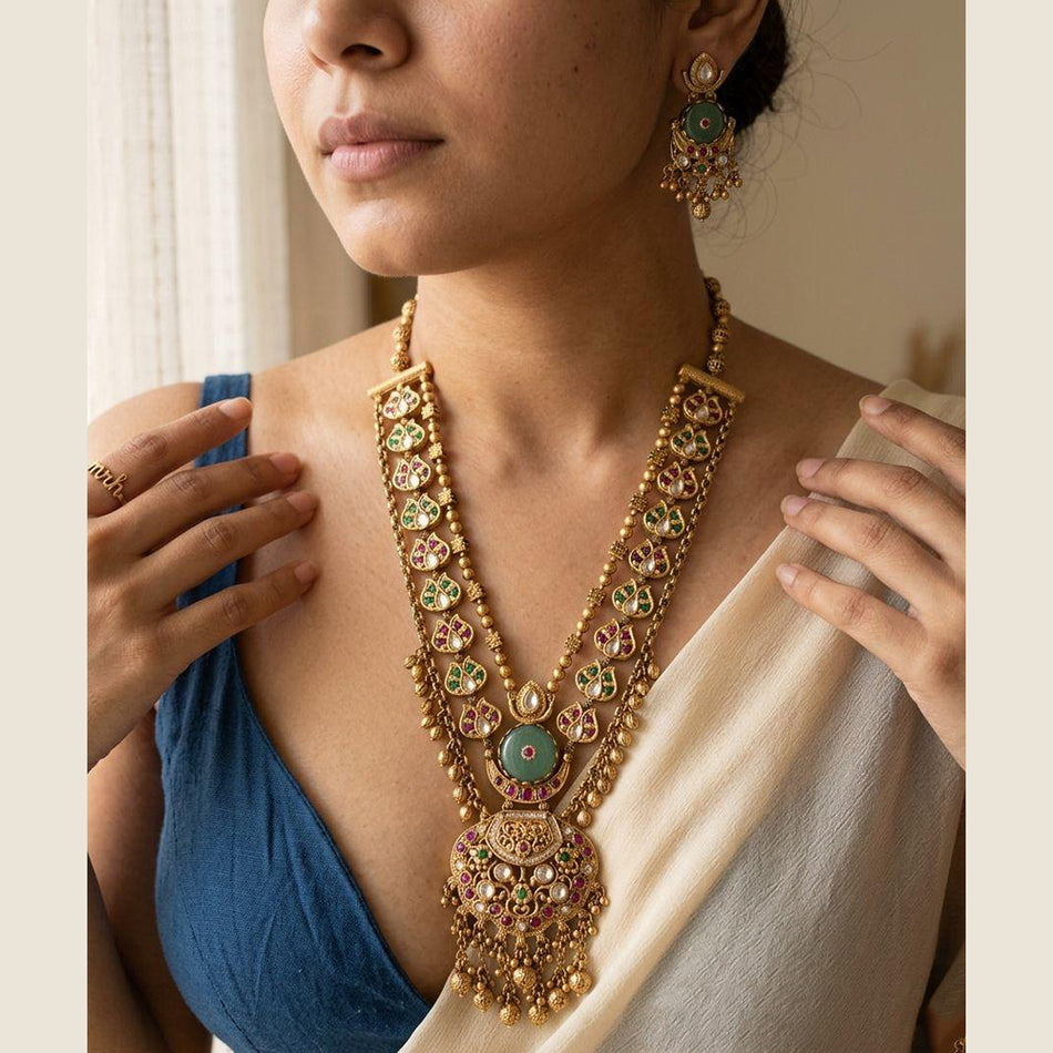 Pota Stone   Pearl Necklace in Gold Tone for Occasion | Bridal Jewellery India